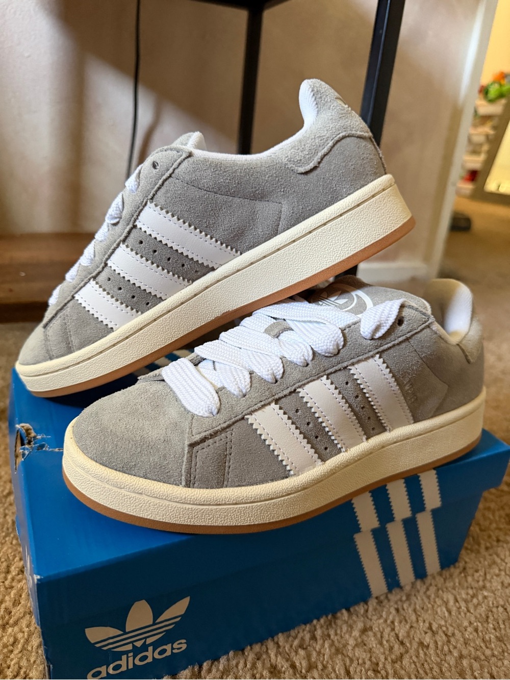 adidas Men’s Light Gray Suede Sneakers with White Stripes